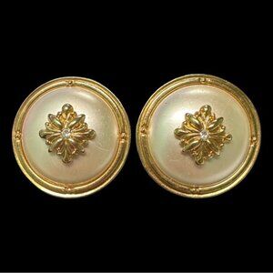 Vintage Gold-Tone Pearl Clip-On Earrings With Rhinestone Accent